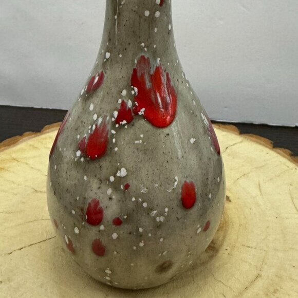 Splatter Studio Pottery Bud Vase Grey and Red Glaze Signed Orleans Fleuriste - Picture 5 of 6